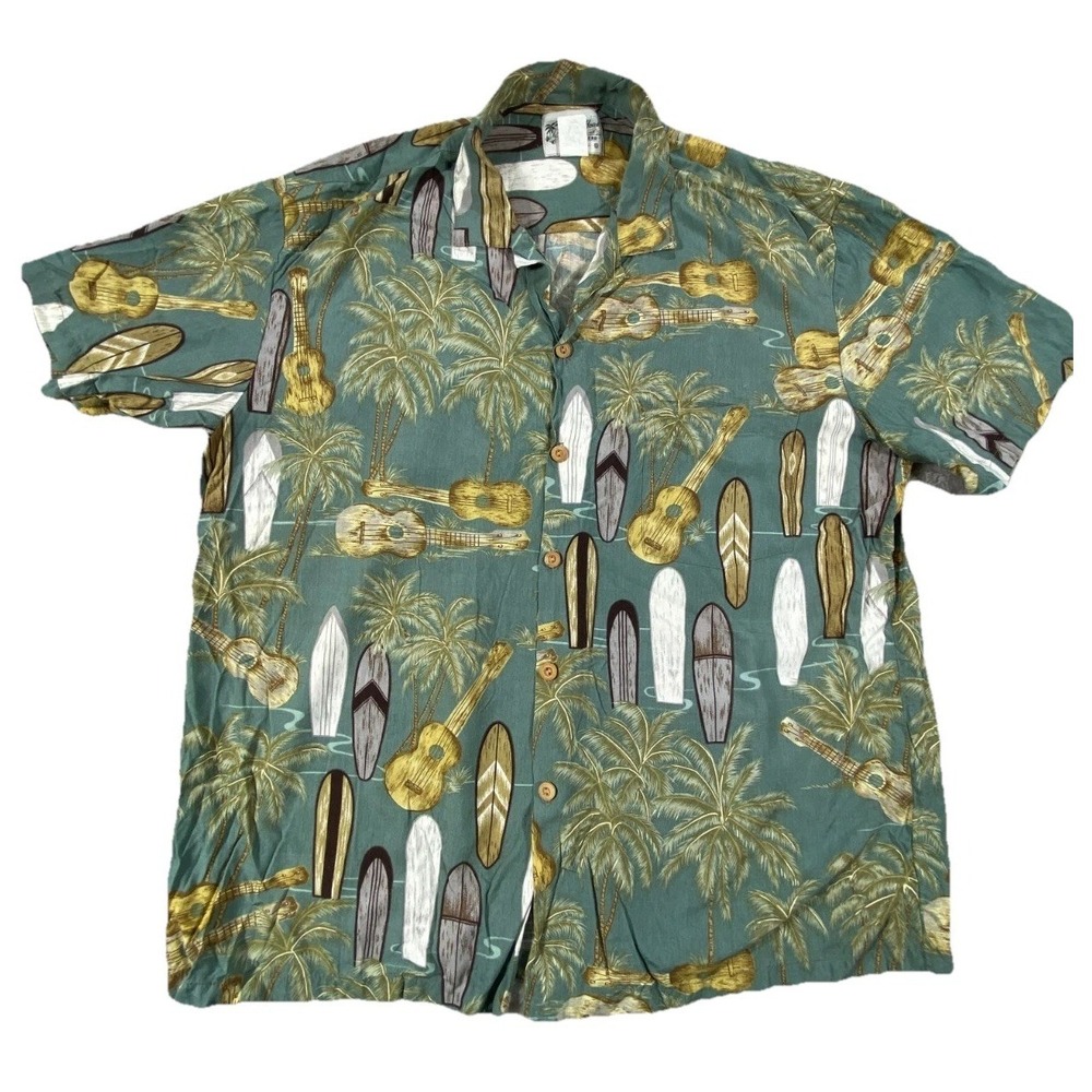 Vintage Diamond Head Camp Shirt Men L Green Surfboards Print Hawaiian Button Up